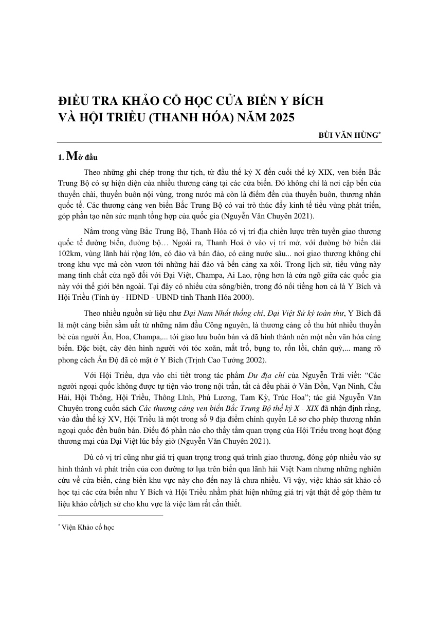 Điều tra Khảo cổ học cửa biển Y Bích và Hội  Triều (Thanh Hóa) năm 2025