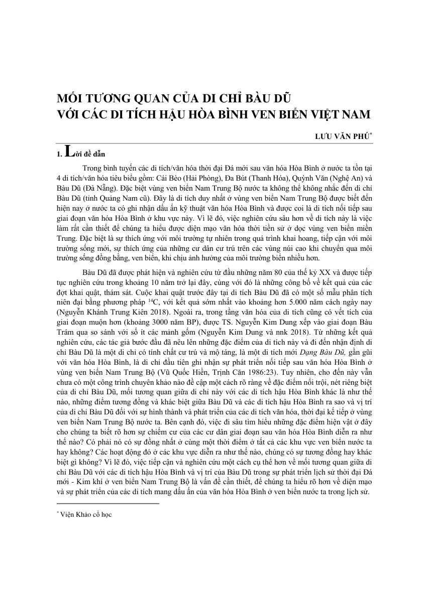 Mối tương quan của di chỉ Bàu Dũ với các di tích  Hậu Hòa Bình ven biển Việt Nam